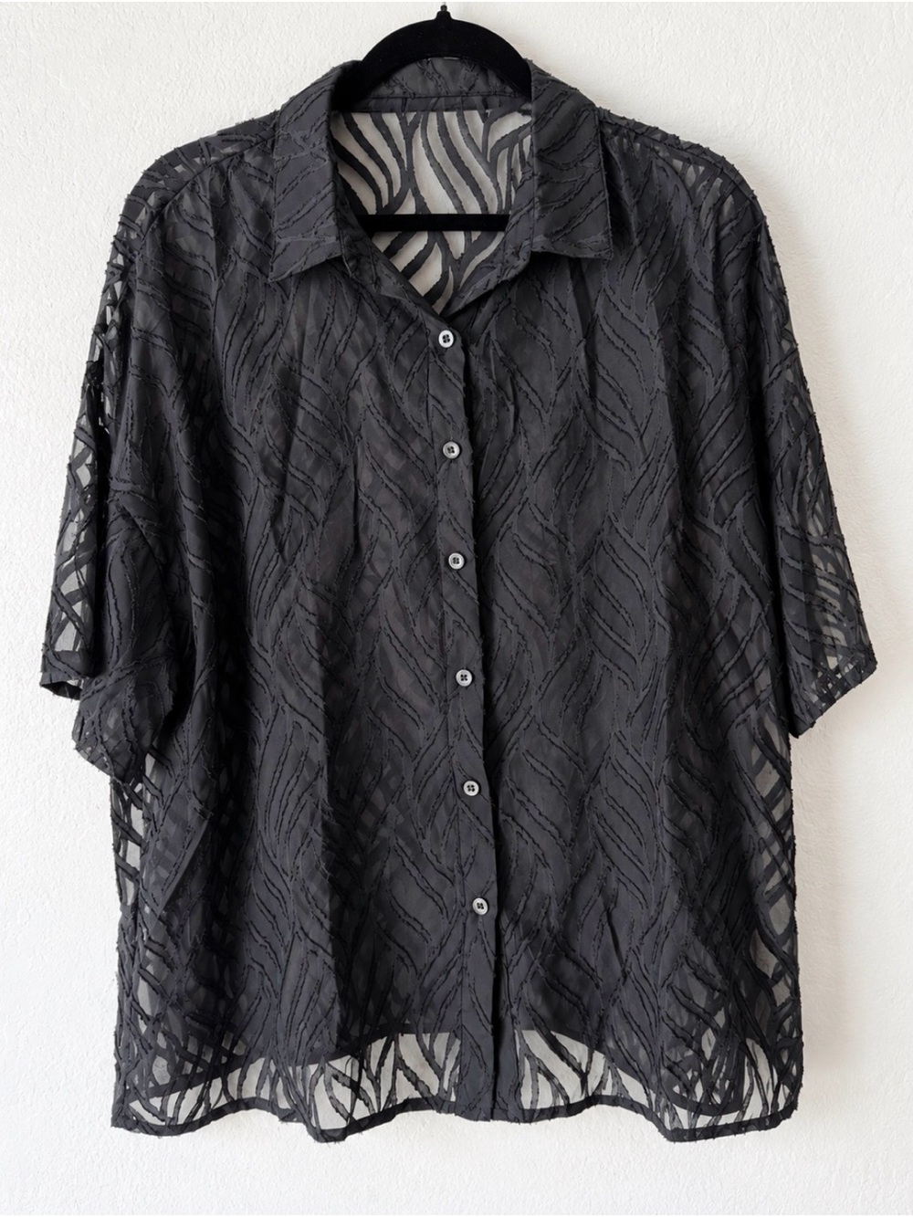 Black Sheer Textured Short-Sleeve Button-Down Shirt